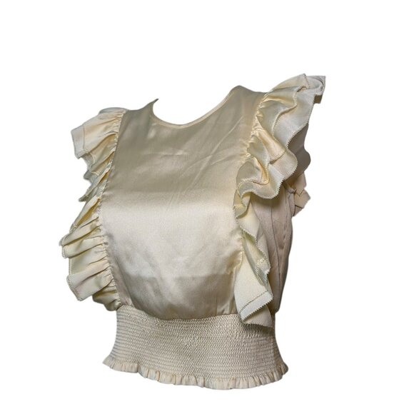 Designers Remix Ivory Satin Ruffle Smock Top Size 12 - Picture 2 of 6